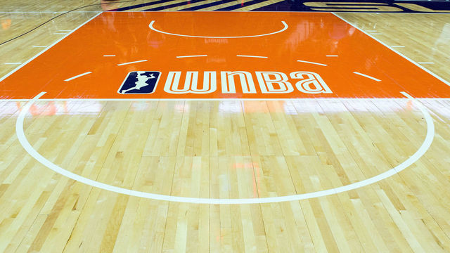 UNCASVILLE, CT - JUNE 27: A general view of the WNBA logo on June 27, 2018, at Mohegan Sun Arena in Uncasville, CT. Connecticut won 101-89.
