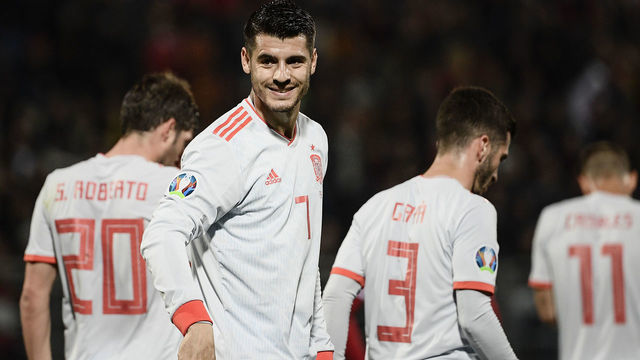 Spain's forward Alvaro Morata (2ndL) celebrates after scoring during the Euro 2020 Group F qualifying football match Malta vs Spain on March 26, 2019 at the Ta' Qali Stadium in Malta.