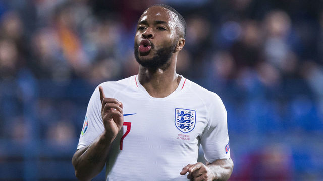 25th March 2019, Podgorica City Stadium, Podgorica, Montenegro; UEFA European Championships Qualification football, Montenegro versus England; Raheem Sterling of England celebrates scoring his goal for 1-5 in 81st minute