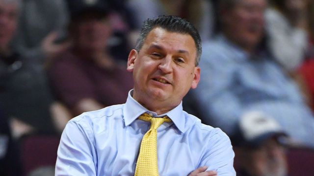 LAS VEGAS, NV - MARCH 05: Head coach Kyle Smith of the San Francisco Dons looks on during a semifinal game of the West Coast Conference basketball tournament against the Gonzaga Bulldogs at the Orleans Arena on March 5, 2018 in Las Vegas, Nevada. The Bulldogs won 88-60.