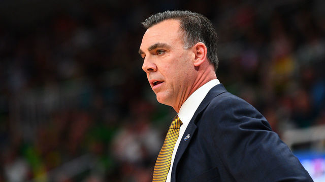 SAN JOSE, CA - MARCH 24: UC Irvine head coach Russell Turner looks on during the game between the Oregon Ducks and the UC Irvine Anteaters in their NCAA Division I Men's Basketball Championship second round game on March 24, 2019, at SAP Center at San Jose in San Jose, CA.