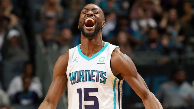 CHARLOTTE, NC - MARCH 26: Kemba Walker #15 of the Charlotte Hornets reacts to a play during the game against the San Antonio Spurs on March 26, 2019 at the Spectrum Center in Charlotte, North Carolina. NOTE TO USER: User expressly acknowledges and agrees that, by downloading and/or using this photograph, user is consenting to the terms and conditions of the Getty Images License Agreement. Mandatory Copyright Notice: Copyright 2019 NBAE