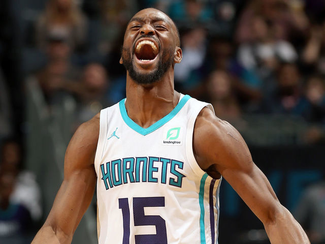 CHARLOTTE, NC - MARCH 26: Kemba Walker #15 of the Charlotte Hornets reacts to a play during the game against the San Antonio Spurs on March 26, 2019 at the Spectrum Center in Charlotte, North Carolina. NOTE TO USER: User expressly acknowledges and agrees that, by downloading and/or using this photograph, user is consenting to the terms and conditions of the Getty Images License Agreement. Mandatory Copyright Notice: Copyright 2019 NBAE
