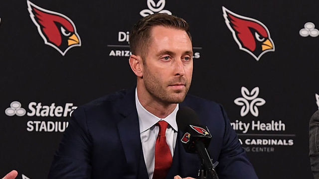 TEMPE, AZ - JANUARY 09: Arizona Cardinals team president Michael Bidwill (L) and general manager (R) Steve Keim introduce the new head coach Kliff Kingsbury to the media at the Arizona Cardinals Training Facility on January 9, 2019 in Tempe, Arizona.