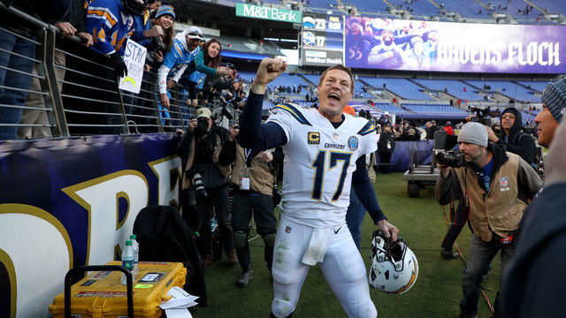BALTIMORE, MARYLAND - JANUARY 06: Philip Rivers #17 of the Los Angeles Chargers celebrates after defeating the Baltimore Ravens after the AFC Wild Card Playoff game at M&T Bank Stadium on January 06, 2019 in Baltimore, Maryland. The Chargers defeated the Ravens with a score of 23 to 17.