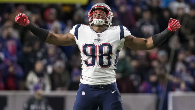 ORCHARD PARK, NY - OCTOBER 29: Trey Flowers #98 of the New England Patriots reacts to a missed interception during the first quarter against the Buffalo Bills at New Era Field on October 29, 2018 in Orchard Park, New York. New England defeats Buffalo 25-6.