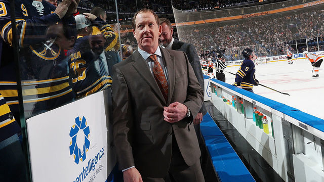 BUFFALO, NY - NOVEMBER 21: Buffalo Sabres head coach Phil Housley leaves the bench following their 5-2 victory against the Philadelphia Flyers in an NHL game on November 21, 2018 at KeyBank Center in Buffalo, New York.
