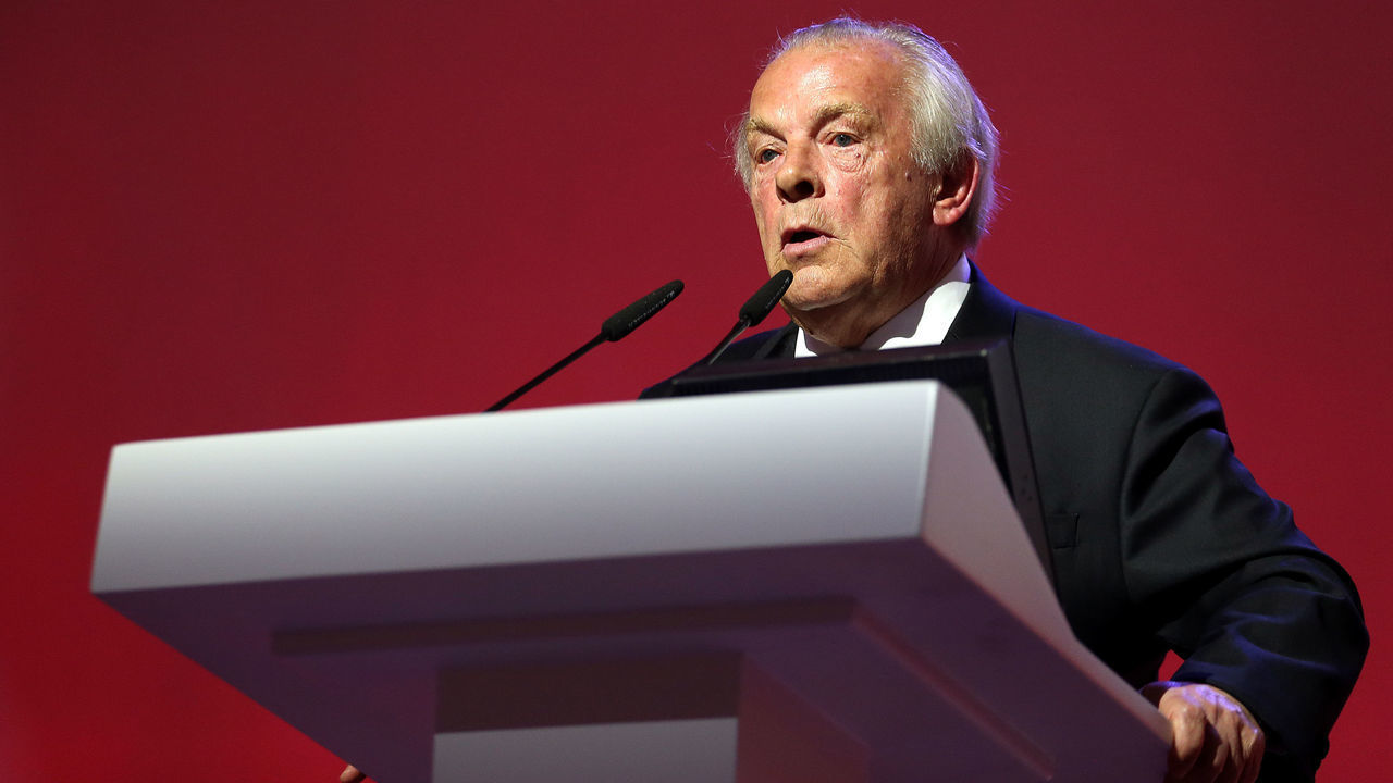 Chief Executive of the PFA Gordon Taylor on stage during the 2018 PFA Awards at the Grosvenor House Hotel, London.