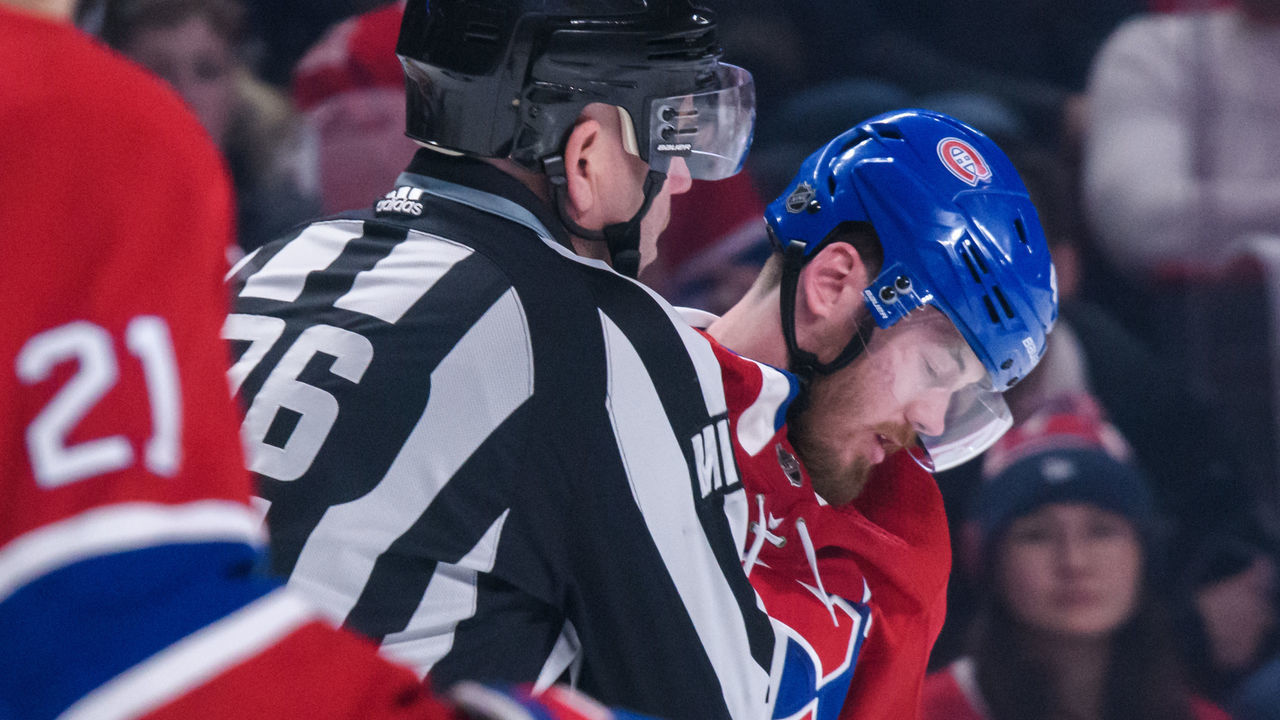 MONTREAL, QC - MARCH 26: Montreal Canadiens left wing Paul Byron (41) return to the dressing room after being involved in a fight during the first period of the NHL game between the Florida Panthers and the Montreal Canadiens on March 26, 2019, at the Bell Centre in Montreal, QC