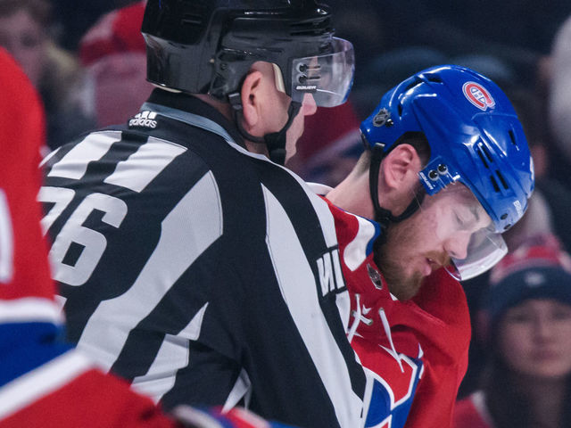 MONTREAL, QC - MARCH 26: Montreal Canadiens left wing Paul Byron (41) return to the dressing room after being involved in a fight during the first period of the NHL game between the Florida Panthers and the Montreal Canadiens on March 26, 2019, at the Bell Centre in Montreal, QC