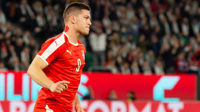 WOLFSBURG, GERMANY - MARCH 20: Luka Jovic of Serbia celebrates after scoring his team's first goal during the International Friendly match between Germany and Serbia at Volkswagen Arena on March 20, 2019 in Wolfsburg, Germany.