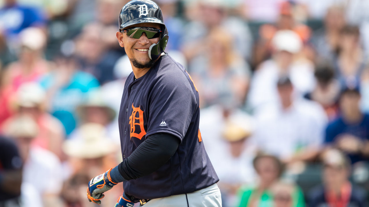 FORT MYERS, FL- MARCH 11: Miguel Cabrera #24 of the Detroit Tigers looks on during a spring training game against the Minnesota Twins on March 11, 2019 at the Hammond Stadium in Fort Myers, Florida.