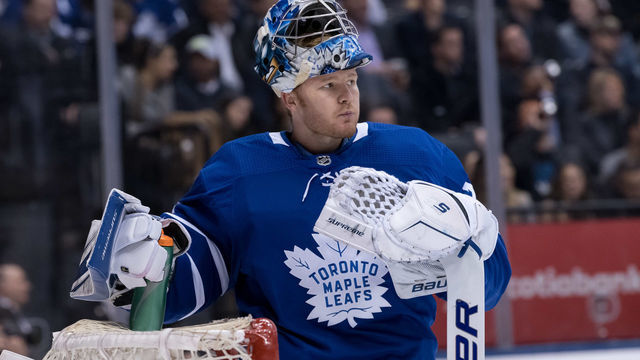 TORONTO, ON - MARCH 25: Toronto Maple Leafs Goalie Frederik Andersen (31) reacts after a goal during the NHL regular season game between the Florida Panthers and the Toronto Maple Leafs on March 25, 2019, at Scotiabank Arena in Toronto, ON, Canada.