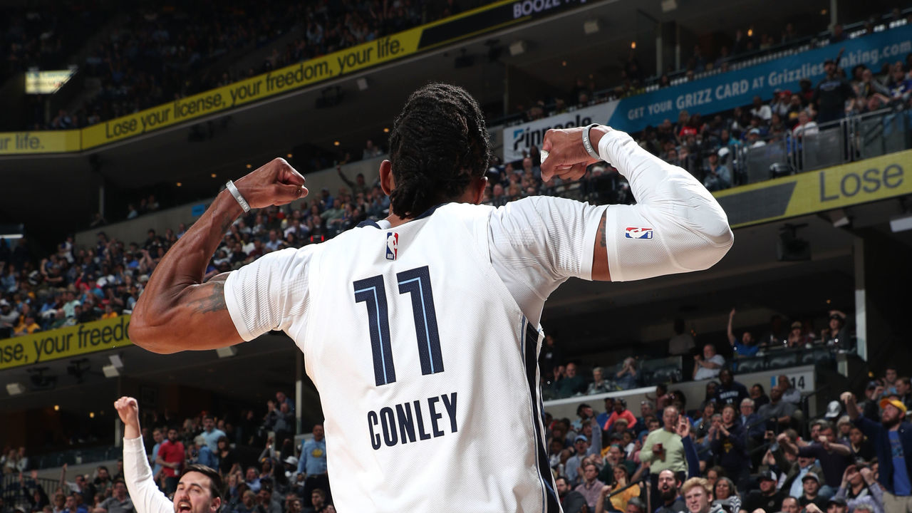 MEMPHIS, TN - MARCH 27: Mike Conley #11 of the Memphis Grizzlies reacts after play against the Golden State Warriors on March 27, 2019 at FedExForum in Memphis, Tennessee. Mandatory Copyright Notice: Copyright 2019 NBAE