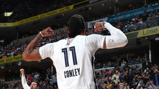 MEMPHIS, TN - MARCH 27: Mike Conley #11 of the Memphis Grizzlies reacts after play against the Golden State Warriors on March 27, 2019 at FedExForum in Memphis, Tennessee. Mandatory Copyright Notice: Copyright 2019 NBAE