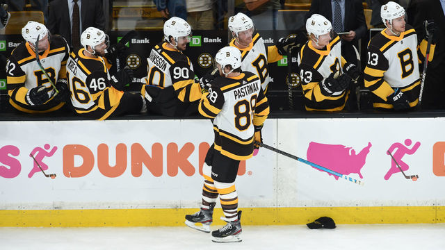 BOSTON, MA - MARCH 27: David Pastrnak #88 of the Boston Bruins celebrated his hat trick goal against the New York Rangers at the TD Garden on March 27, 2019 in Boston, Massachusetts.