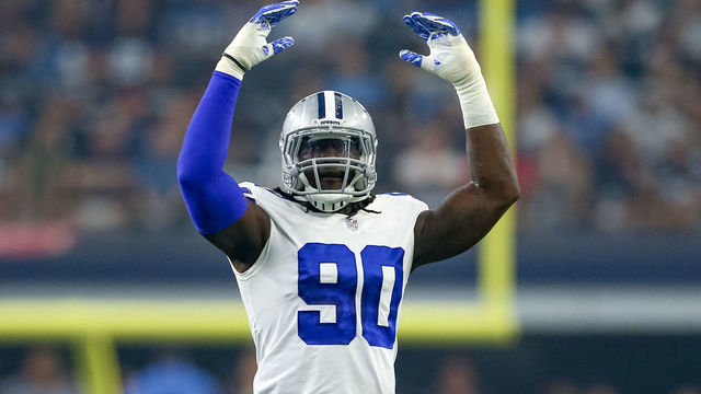 ARLINGTON, TX - SEPTEMBER 30: Dallas Cowboys defensive end Demarcus Lawrence (90) gestures to the crowds during the game between the Detroit Lions and Dallas Cowboys on September 30, 2018 at AT&T Stadium in Arlington, TX.