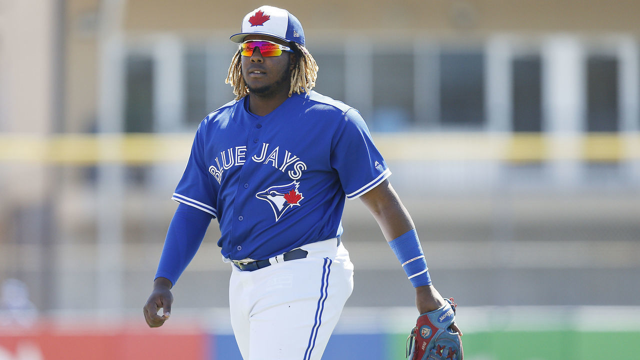 DUNEDIN, FLORIDA - MARCH 06: Vladimir Guerrero Jr. #27 of the Toronto Blue Jays in action against the Philadelphia Phillies during the Grapefruit League spring training game at Dunedin Stadium on March 06, 2019 in Dunedin, Florida.