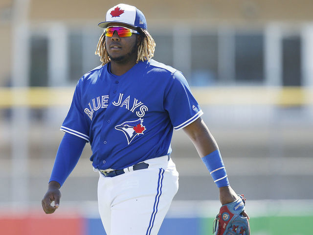 DUNEDIN, FLORIDA - MARCH 06: Vladimir Guerrero Jr. #27 of the Toronto Blue Jays in action against the Philadelphia Phillies during the Grapefruit League spring training game at Dunedin Stadium on March 06, 2019 in Dunedin, Florida.