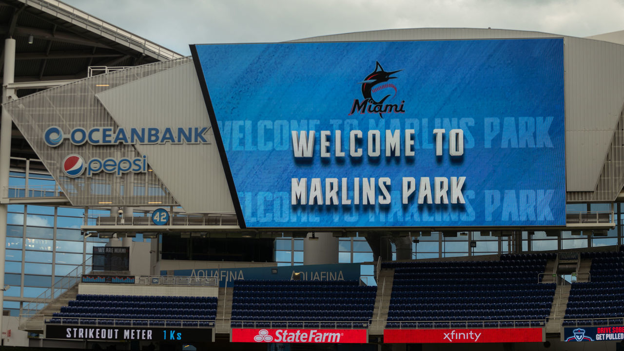 MIAMI, FL - MARCH 27: A general view of the scoreboard in action during 2019 Workout Day at Marlins Park on March 27, 2019 in Miami, Florida.