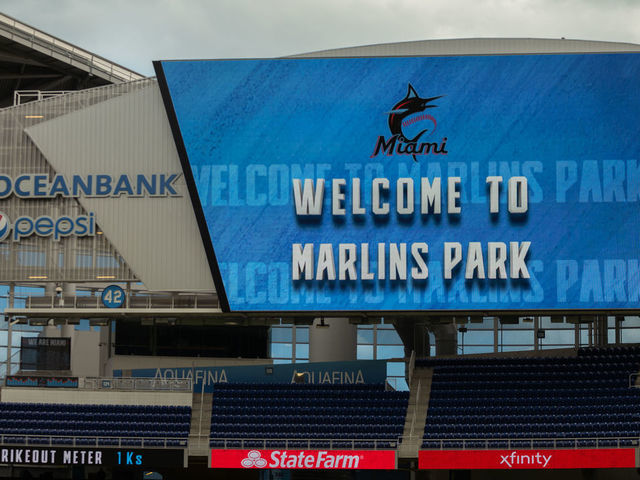 MIAMI, FL - MARCH 27: A general view of the scoreboard in action during 2019 Workout Day at Marlins Park on March 27, 2019 in Miami, Florida.