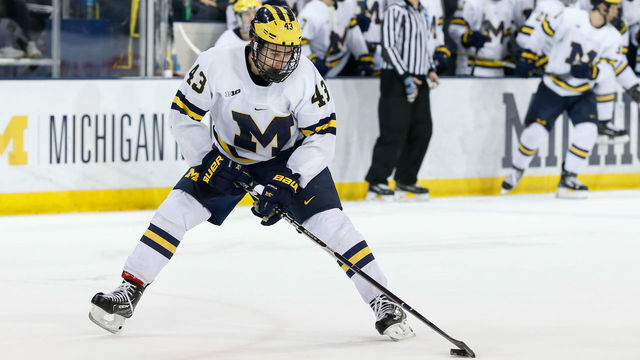 ANN ARBOR, MI - NOVEMBER 24: Michigan Wolverines defenseman Quinn Hughes (43) skates with the puck during a regular season Big 10 Conference hockey game between the Wisconsin Badgers and Michigan Wolverines on November 24, 2018 at Yost Ice Arena in Ann Arbor, Michigan.