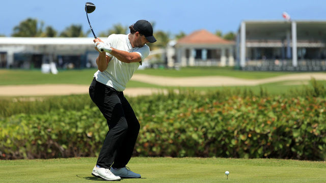 PUNTA CANA, DOMINICAN REPUBLIC - MARCH 28: Former NFL Player and amateur Tony Romo plays his shot from the 18th tee during the first round of the Corales Puntacana Resort & Club Championship on March 28, 2019 in Punta Cana, Dominican Republic.