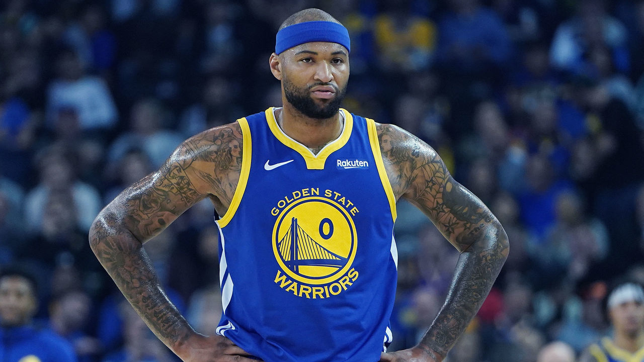 OAKLAND, CA - MARCH 05: DeMarcus Cousins #0 of the Golden State Warriors looks on against the Boston Celtics during an NBA basketball game at ORACLE Arena on March 5, 2019 in Oakland, California.