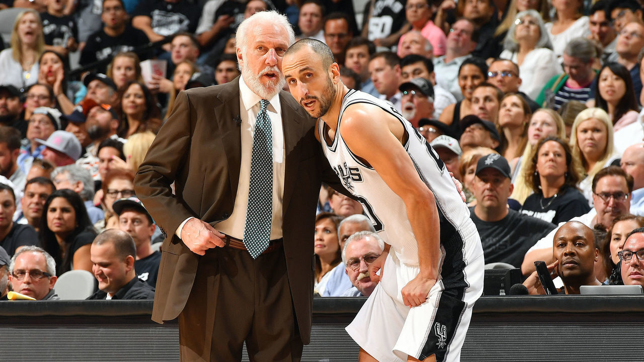 SAN ANTONIO, TX - MAY 9: Gregg Popovich of the San Antonio Spurs talks with Manu Ginobili #20 of the San Antonio Spurs during the game against the Houston Rockets during Game Five of the Western Conference Semifinals of the 2017 NBA Playoffs on May 9, 2017 at the AT&T Center in San Antonio, Texas. Mandatory Copyright Notice: Copyright 2017 NBAE (Photos by Jesse D. Garrabrant/NBAE via Getty Images)