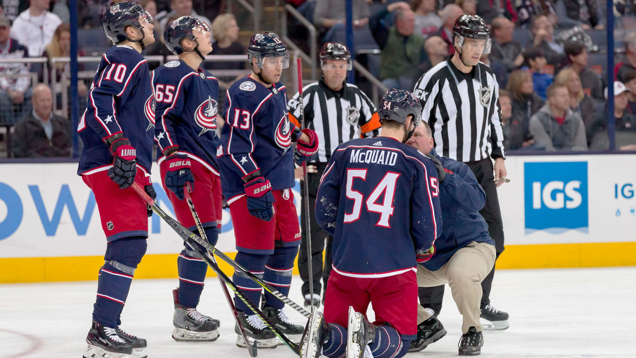 COLUMBUS, OH - MARCH 28: Columbus Blue Jackets defenseman Adam McQuaid (54) is tended to after being hit in a game between the Columbus Blue Jackets and the Montreal Canadiens on March 28, 2019 at Nationwide Arena in Columbus, OH.