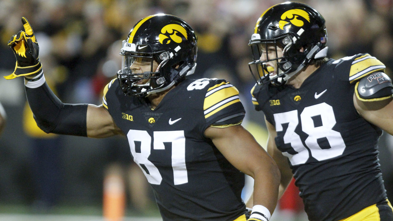 IOWA CITY, IOWA- SEPTEMBER 22: Tight ends Noah Fant #87 and T.J. Hockenson #38 of the Iowa Hawkeyes celebrate a touchdown during the first half against the Wisconsin Badgers on September 22, 2018 at Kinnick Stadium, in Iowa City, Iowa.