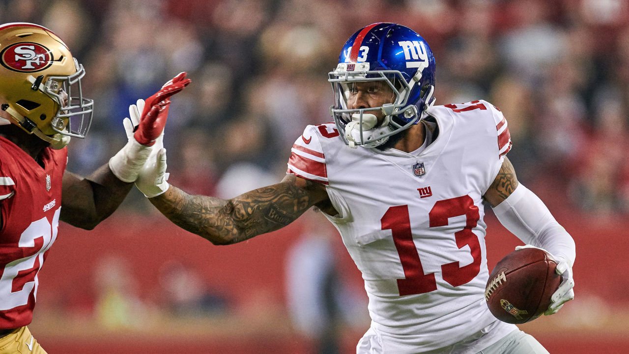 SANTA CLARA, CA - NOVEMBER 12: New York Giants wide receiver Odell Beckham (13) battles with San Francisco 49ers cornerback Jimmie Ward (20) during the NFL game between the New York Giants and the San Francisco 49ers on November 12, 2018 at Levi's Stadium in Santa Clara, CA.