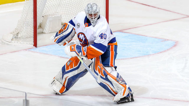 WINNIPEG, MB - MARCH 28: Goaltender Robin Lehner #40 of the New York Islanders keeps an eye on the play during third period action against the Winnipeg Jets at the Bell MTS Place on March 28, 2019 in Winnipeg, Manitoba, Canada.