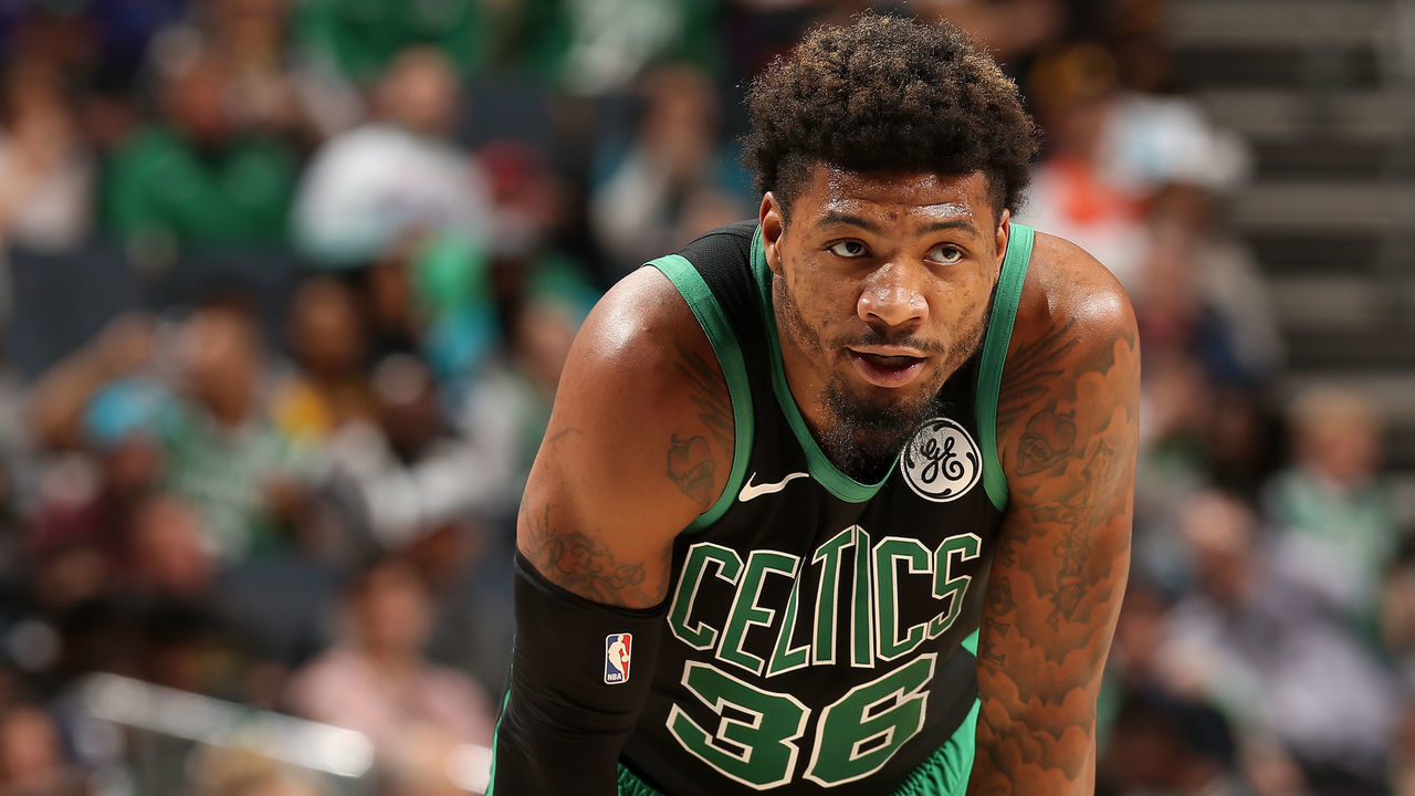 CHARLOTTE, NC - MARCH 23: Marcus Smart #36 of the Boston Celtics looks on against the Charlotte Hornets on March 23, 2019 at Spectrum Center in Charlotte, North Carolina. Mandatory Copyright Notice: Copyright 2019 NBAE