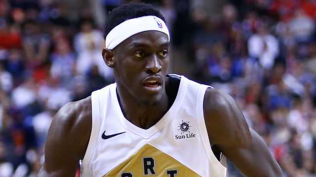TORONTO, ON - MARCH 22: Pascal Siakam #43 of the Toronto Raptors dribbles the ball during the second half of an NBA game against the Oklahoma City Thunder at Scotiabank Arena on March 22, 2019 in Toronto, Canada.
