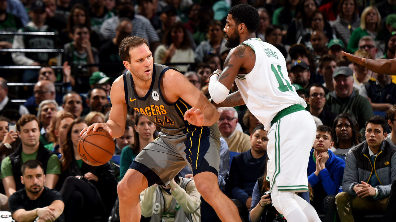 BOSTON, MA - MARCH 29: Bojan Bogdanovic #44 of the Indiana Pacers handles the ball during the game against the Boston Celtics on March 29, 2019 at the TD Garden in Boston, Massachusetts. Mandatory Copyright Notice: Copyright 2019 NBAE