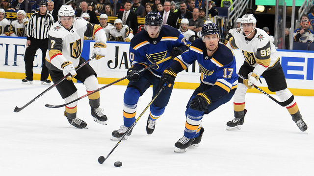 ST. LOUIS, MO - MARCH 25: St. Louis Blues leftwing Jaden Schwartz (17) controls the puck during a NHL game between the Vegas Golden Knights and the St. Louis Blues on March 25, 2019, at Enterprise Center, St. Louis, MO.
