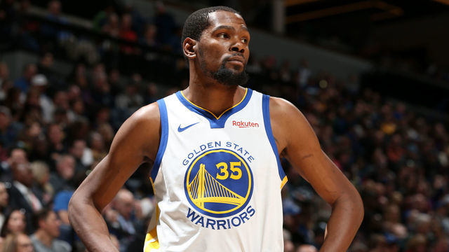 MINNEAPOLIS, MN - MARCH 29: Kevin Durant #35 of the Golden State Warriors looks on during the game against the Minnesota Timberwolves on March 29, 2019 at Target Center in Minneapolis, Minnesota. NOTE TO USER: User expressly acknowledges and agrees that, by downloading and/or using this photograph, user is consenting to the terms and conditions of the Getty Images License Agreement. Mandatory Copyright Notice: Copyright 2019 NBAE