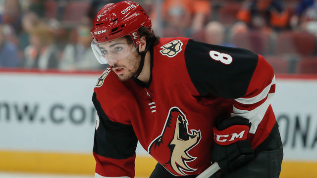 GLENDALE, AZ - DECEMBER 18: Arizona Coyotes center Nick Schmaltz (8) looks on during the NHL hockey game between the New York Islanders and the Arizona Coyotes on December 18, 2018 at Gila River Arena in Glendale, Arizona.