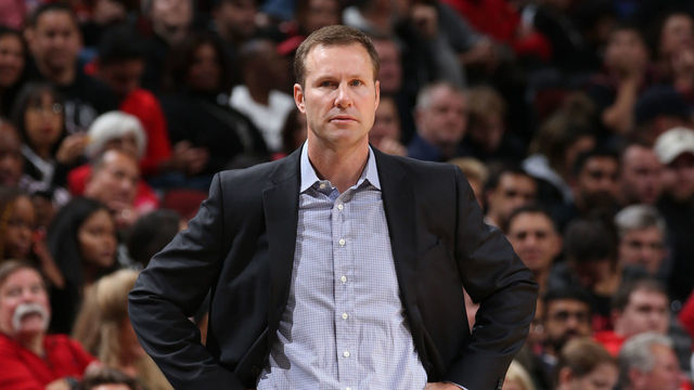 CHICAGO, IL - OCTOBER 20: head coach Fred Hoiberg of the Chicago Bulls looks on during a game against the Detroit Pistons on October 20, 2018 at United Center in Chicago, Illinois. NOTE TO USER: User expressly acknowledges and agrees that, by downloading and/or using this Photograph, user is consenting to the terms and conditions of the Getty Images License Agreement. Mandatory Copyright Notice: Copyright 2018 NBAE