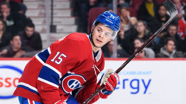 MONTREAL, QC - MARCH 26: Montreal Canadiens center Jesperi Kotkaniemi (15) skates during the first period of the NHL game between the Florida Panthers and the Montreal Canadiens on March 26, 2019, at the Bell Centre in Montreal, QC