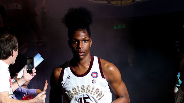 GREENVILLE, SC - MARCH 10: Teaira McCowan (15) center of Mississippi State enters the arena during player introductions during the SEC Women's basketball tournament finals between the Arkansas Razorbacks and the Mississippi State Bulldogs on Sunday March 10, 2019, at the Bon Secours Wellness Arena in Greenville, SC.