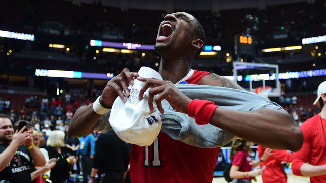 ANAHEIM, CALIFORNIA - MARCH 30: Tariq Owens #11 of the Texas Tech Red Raiders celebrates after defeating the Gonzaga Bulldogs during the 2019 NCAA Men's Basketball Tournament West Regional at Honda Center on March 30, 2019 in Anaheim, California.