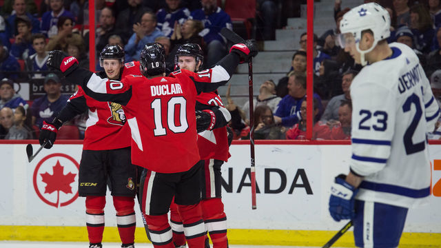 OTTAWA, ON - MARCH 30: Ottawa Senators Right Wing Anthony Duclair (10) celebrates the Senators second goal with Ottawa Senators Defenceman Thomas Chabot (72) and Ottawa Senators Center Chris Tierney (71) during the second period of the NHL game between the Ottawa Senators and the Toronto Maple Leafs on March 30, 2019 at the Canadian Tire Centre in Ottawa, Ontario, Canada.