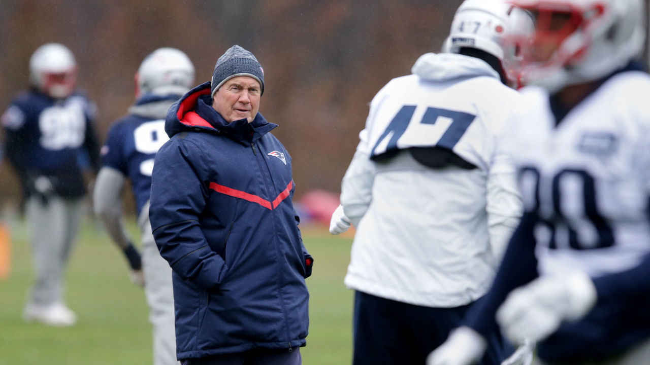 FOXBOROUGH, MA - NOVEMBER 20: New England Patriots head coach Bill Belichick walks on the field during New England Patriots practice at the Gillette Stadium practice facility in Foxborough, MA on Nov. 20, 2018.