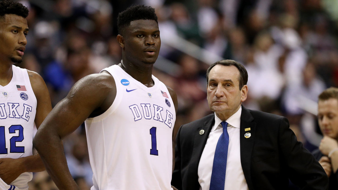 WASHINGTON, DC - MARCH 29: Zion Williamson #1 and head coach Mike Krzyzewski of the Duke Blue Devils talk against the Virginia Tech Hokies during the first half in the East Regional game of the 2019 NCAA Men's Basketball Tournament at Capital One Arena on March 29, 2019 in Washington, DC.