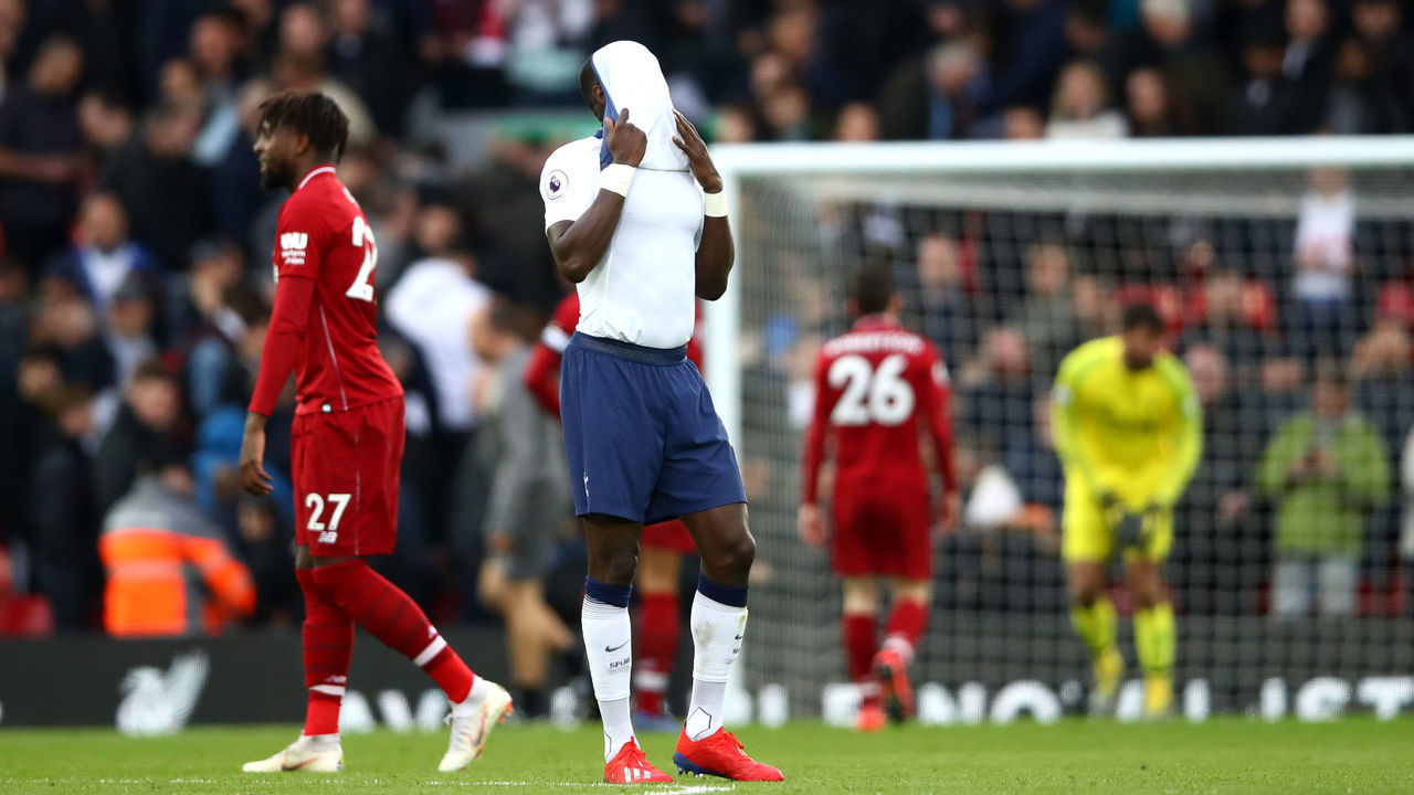 LIVERPOOL, ENGLAND - MARCH 31: Moussa Sissoko of Tottenham Hotspur reacts during the Premier League match between Liverpool FC and Tottenham Hotspur at Anfield on March 31, 2019 in Liverpool, United Kingdom.
