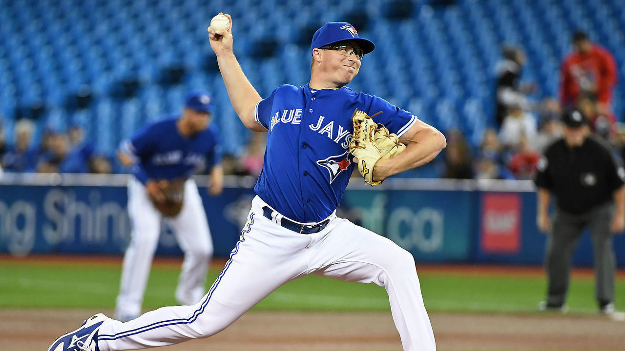 TORONTO, ON - MARCH 31: Toronto Blue Jays Pitcher Trent Thornton (57) pitches in the first inning of his major league debut during the regular season MLB game between the Detroit Tigers and Toronto Blue Jays on March 31, 2019 at Rogers Centre in Toronto, ON.