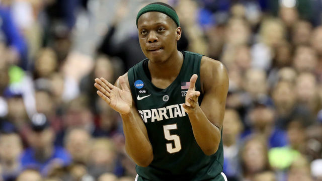 WASHINGTON, DC - MARCH 31: Cassius Winston #5 of the Michigan State Spartans celebrates a basket against the Duke Blue Devils during the second half in the East Regional game of the 2019 NCAA Men's Basketball Tournament at Capital One Arena on March 31, 2019 in Washington, DC.