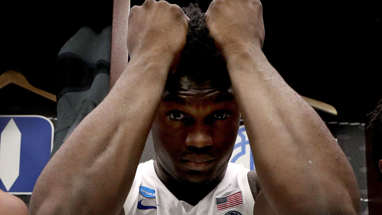 WASHINGTON, DC - MARCH 31: Zion Williamson #1 of the Duke Blue Devils reacts in the locker room after his teams 68-67 loss to the Michigan State Spartans in the East Regional game of the 2019 NCAA Men's Basketball Tournament at Capital One Arena on March 31, 2019 in Washington, DC.